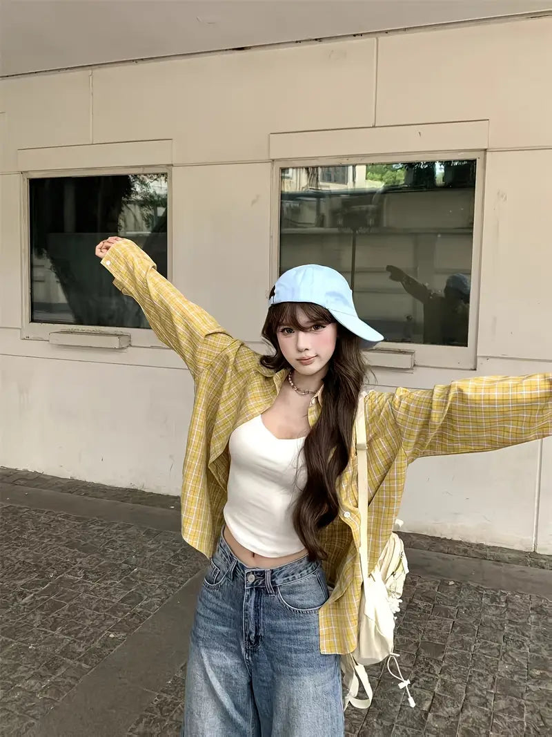 Women'S Lightweight Breathable Summer Jacket - Casual Chic Collared Shirt with Grid Pattern, Loose Fit Mid-Length Coat for Outdoor, Versatile &, Korean Fashion Style, Summer Outerwear, Versatile Fashion, Nonwrinkle Fabric