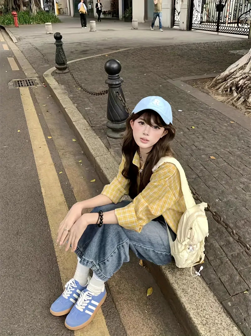 Women'S Lightweight Breathable Summer Jacket - Casual Chic Collared Shirt with Grid Pattern, Loose Fit Mid-Length Coat for Outdoor, Versatile &, Korean Fashion Style, Summer Outerwear, Versatile Fashion, Nonwrinkle Fabric