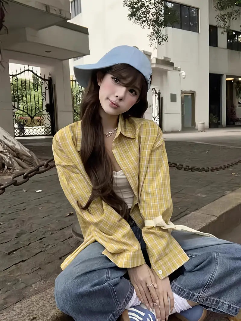 Women'S Lightweight Breathable Summer Jacket - Casual Chic Collared Shirt with Grid Pattern, Loose Fit Mid-Length Coat for Outdoor, Versatile &, Korean Fashion Style, Summer Outerwear, Versatile Fashion, Nonwrinkle Fabric