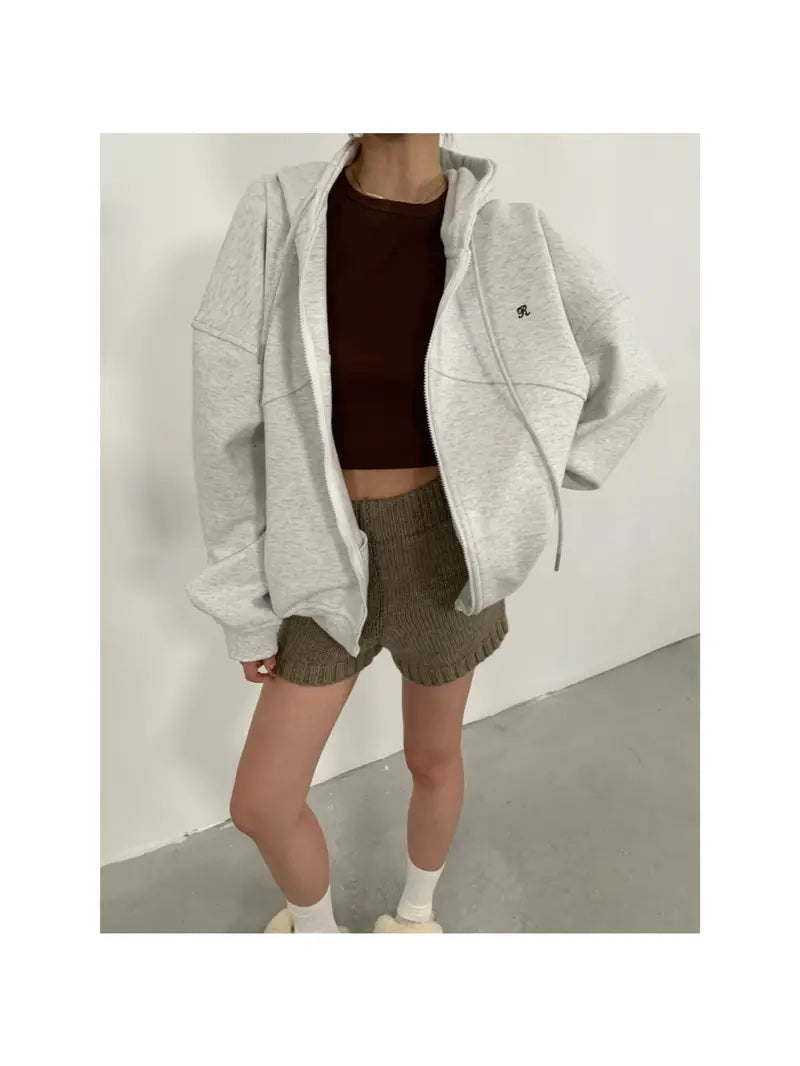 Women'S Tops Loose Casual Hooded Cardigan Drawstring Spring and Autumn Tops Jacket