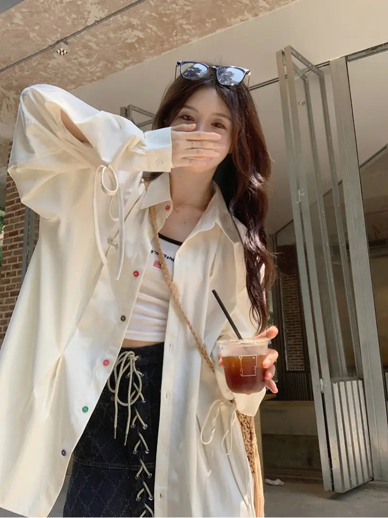 Women'S Retro Blue Plaid Shirt Jacket - Hong Kong Style Loose Fit Long Sleeve Coat with Classic Collar, All-Season Casual to Semi-Formal Outerwear