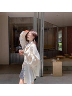 Women'S Retro Blue Plaid Shirt Jacket - Hong Kong Style Loose Fit Long Sleeve Coat with Classic Collar, All-Season Casual to Semi-Formal Outerwear