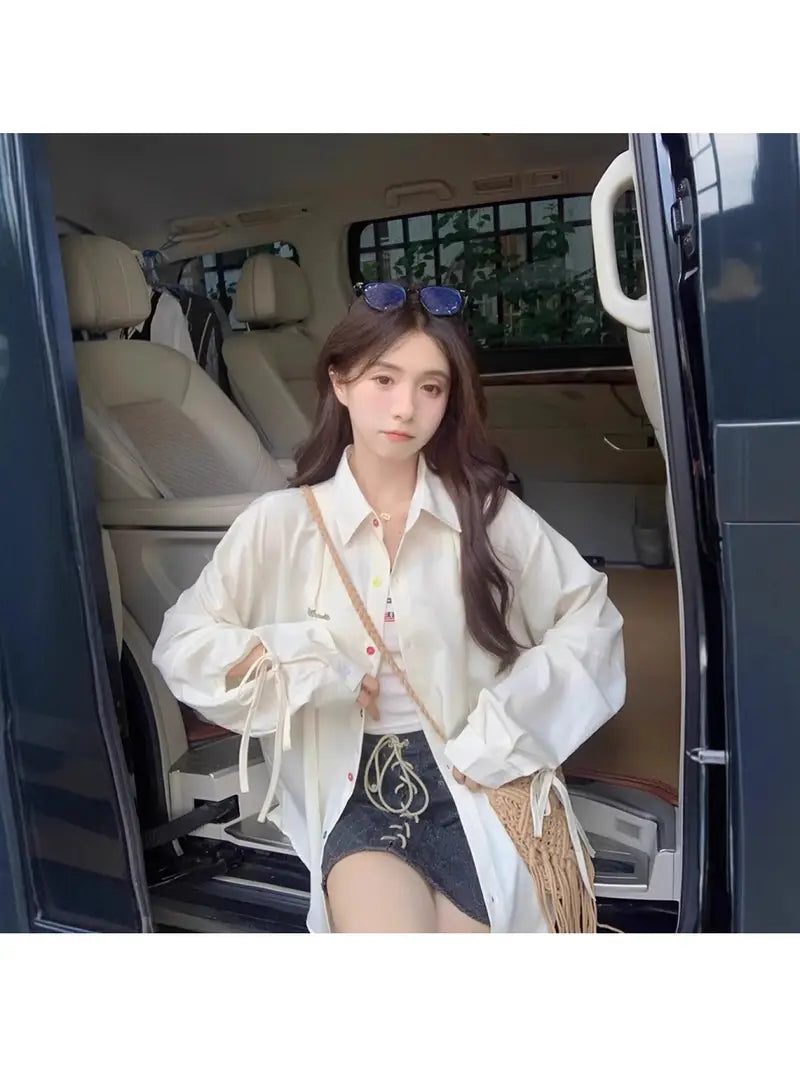 Women'S Retro Blue Plaid Shirt Jacket - Hong Kong Style Loose Fit Long Sleeve Coat with Classic Collar, All-Season Casual to Semi-Formal Outerwear