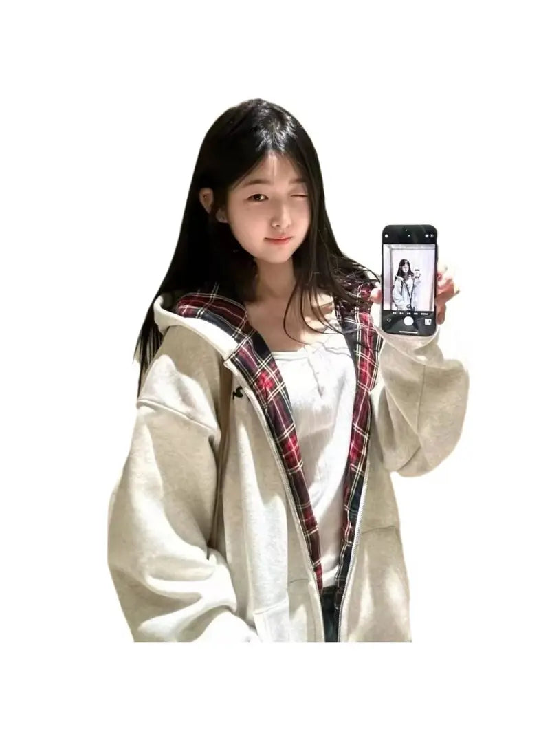 Women's Fleece-Lined Thickened Plaid Patchwork Hooded Cardigan Jacket - All-Season Cozy Sweater Coat with Front Zipper Closure