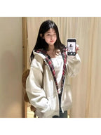 Women's Fleece-Lined Thickened Plaid Patchwork Hooded Cardigan Jacket - All-Season Cozy Sweater Coat with Front Zipper Closure