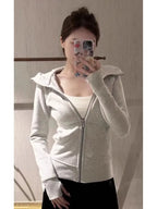 Women's Elegant Slim-Fit Hooded Zipper Cardigan Jacket - Waist-Cinching Full-Zip Winter Coat, Machine Washable Warm Outerwear for Fall & Winter, Casual to Formal Outfits