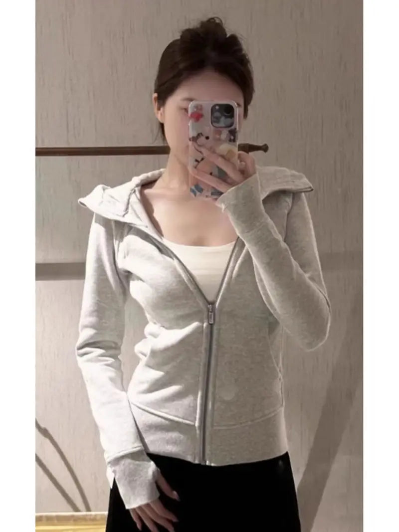 Women's Elegant Slim-Fit Hooded Zipper Cardigan Jacket - Waist-Cinching Full-Zip Winter Coat, Machine Washable Warm Outerwear for Fall & Winter, Casual to Formal Outfits
