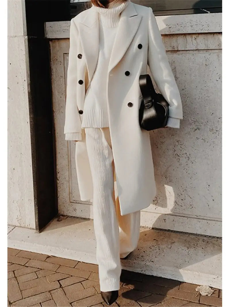 Women'S Elegant White Winter Coat - Premium Fleece Blend Double-Breasted Long Jacket with Structured X-Line Silhouette, Flattering Fit for Daily Outings