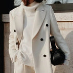 Women'S Elegant White Winter Coat - Premium Fleece Blend Double-Breasted Long Jacket with Structured X-Line Silhouette, Flattering Fit for Daily Outings