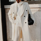 Women'S Elegant White Winter Coat - Premium Fleece Blend Double-Breasted Long Jacket with Structured X-Line Silhouette, Flattering Fit for Daily Outings