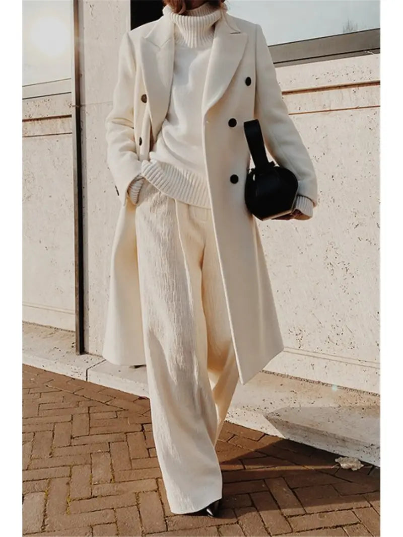 Women'S Elegant White Winter Coat - Premium Fleece Blend Double-Breasted Long Jacket with Structured X-Line Silhouette, Flattering Fit for Daily Outings