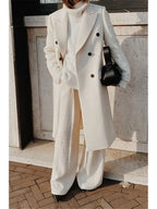 Women'S Elegant White Winter Coat - Premium Fleece Blend Double-Breasted Long Jacket with Structured X-Line Silhouette, Flattering Fit for Daily Outings