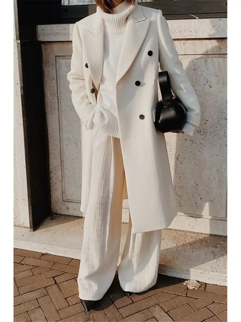 Women'S Elegant White Winter Coat - Premium Fleece Blend Double-Breasted Long Jacket with Structured X-Line Silhouette, Flattering Fit for Daily Outings