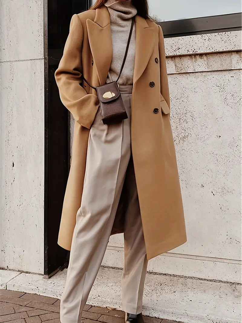 Women'S Elegant White Winter Coat - Premium Fleece Blend Double-Breasted Long Jacket with Structured X-Line Silhouette, Flattering Fit for Daily Outings