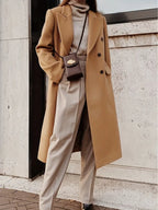 Women'S Elegant White Winter Coat - Premium Fleece Blend Double-Breasted Long Jacket with Structured X-Line Silhouette, Flattering Fit for Daily Outings