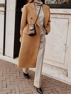 Women'S Elegant White Winter Coat - Premium Fleece Blend Double-Breasted Long Jacket with Structured X-Line Silhouette, Flattering Fit for Daily Outings