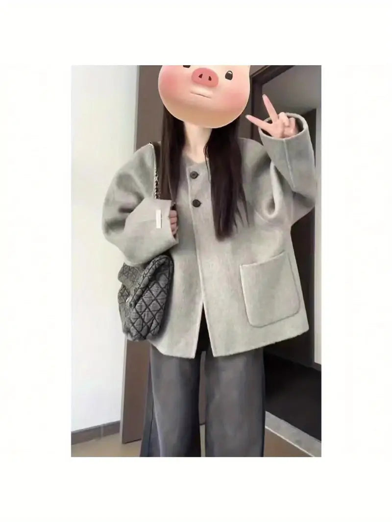 Women's Winter Warm Thickened Fleece Coat - Elegant Korean Style Oversized Loose Fit Double-Sided Jacket with Short Pockets, All-Season Casual to Formal Outerwear