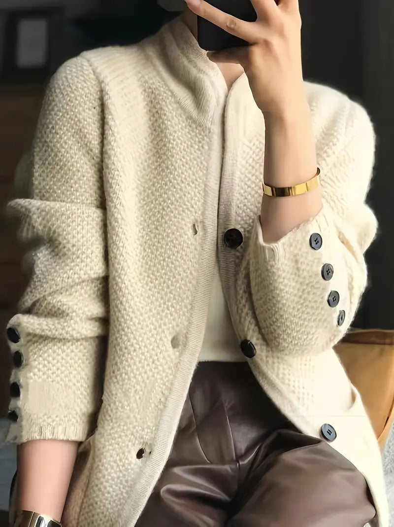 Women'S Solid Color Button-Front Cardigan Coat with Mock neck & side pockets - Long Sleeve Blazer-like Jacket, All-Season Casual to Formal Outerwear - Everyday Chic Layering Piece for Women