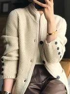 Women'S Solid Color Button-Front Cardigan Coat with Mock neck & side pockets - Long Sleeve Blazer-like Jacket, All-Season Casual to Formal Outerwear - Everyday Chic Layering Piece for Women