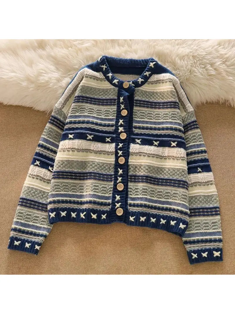Women's Vintage Horizontal Striped Oversized Cardigan Coat - Soft Beige//Navy Blue/Grey Sweater Jacket with Round Neck & Button Closure, Cozy Fall Winter Layering Piece for Casual or Dressy Outfits