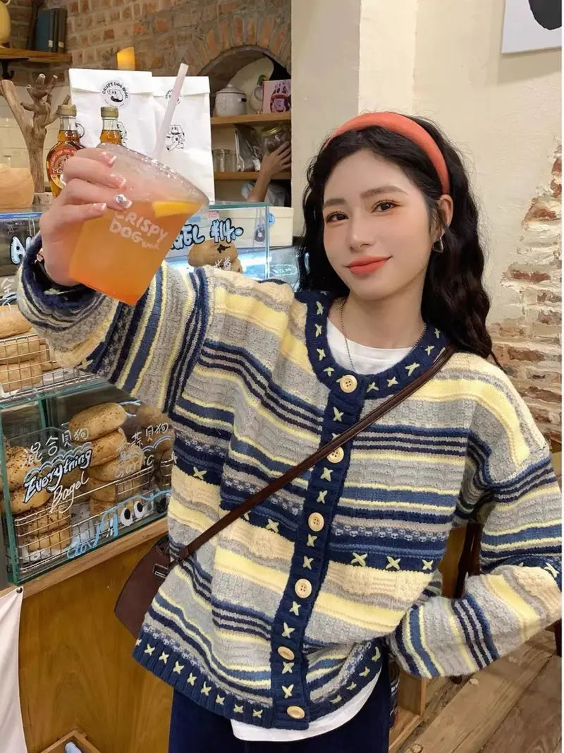 Women's Vintage Horizontal Striped Oversized Cardigan Coat - Soft Beige//Navy Blue/Grey Sweater Jacket with Round Neck & Button Closure, Cozy Fall Winter Layering Piece for Casual or Dressy Outfits