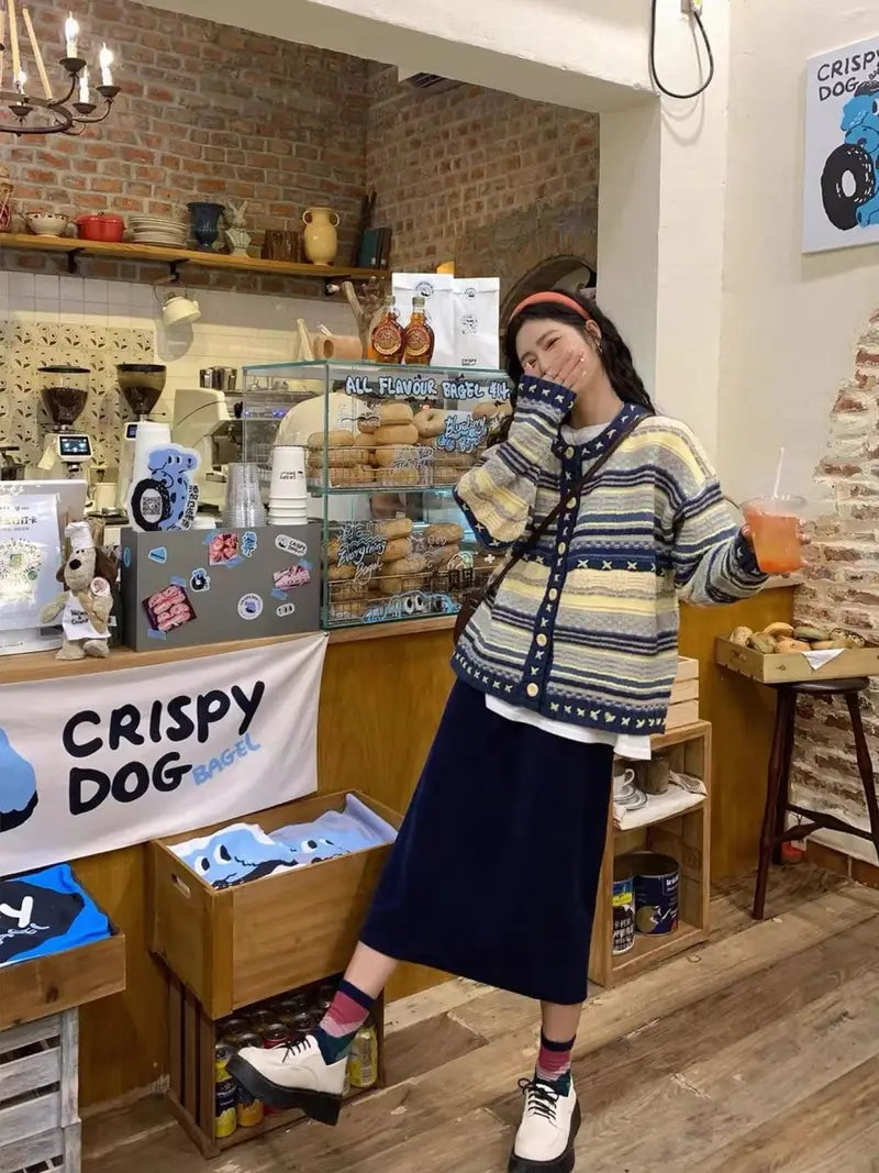 Women's Vintage Horizontal Striped Oversized Cardigan Coat - Soft Beige//Navy Blue/Grey Sweater Jacket with Round Neck & Button Closure, Cozy Fall Winter Layering Piece for Casual or Dressy Outfits