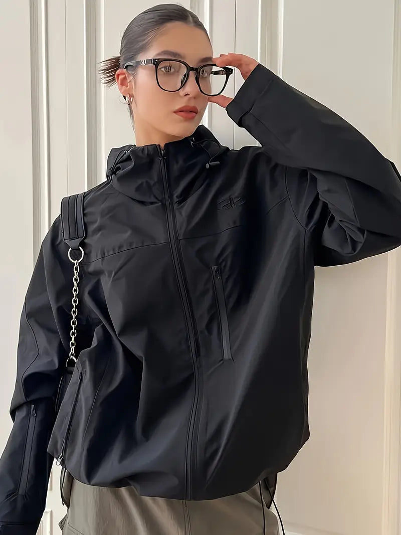 Women'S Windproof Full-Zip Hooded Jacket - Loose-Fit Long Sleeve Windproof Coat with Full-Zip Front Closure, All-Season Casual Outerwear for, Travel