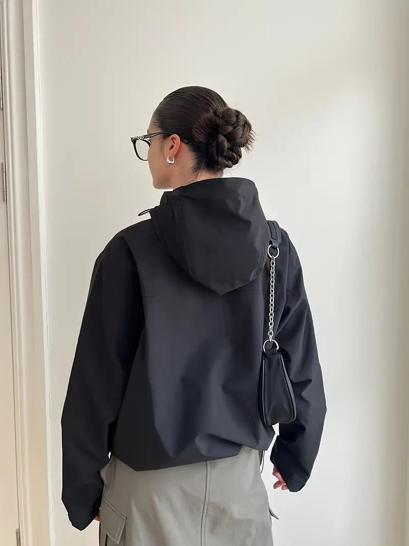 Women'S Windproof Full-Zip Hooded Jacket - Loose-Fit Long Sleeve Windproof Coat with Full-Zip Front Closure, All-Season Casual Outerwear for, Travel