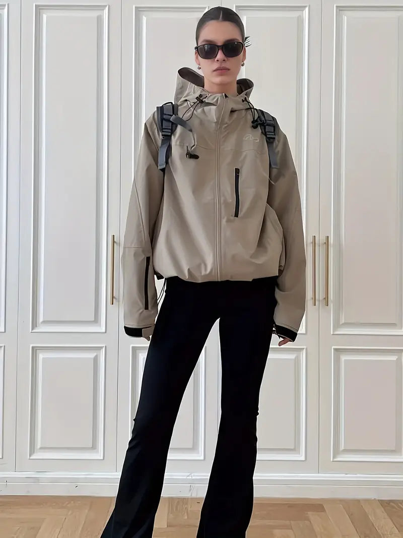 Women'S Windproof Full-Zip Hooded Jacket - Loose-Fit Long Sleeve Windproof Coat with Full-Zip Front Closure, All-Season Casual Outerwear for, Travel