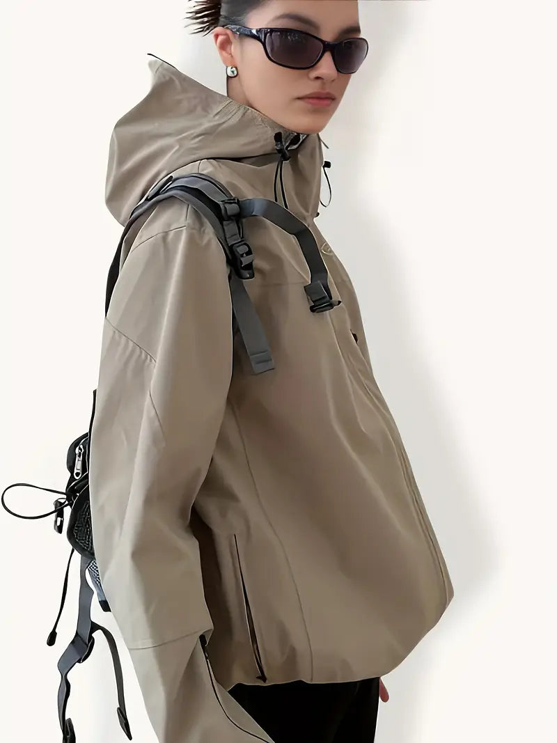 Women'S Windproof Full-Zip Hooded Jacket - Loose-Fit Long Sleeve Windproof Coat with Full-Zip Front Closure, All-Season Casual Outerwear for, Travel
