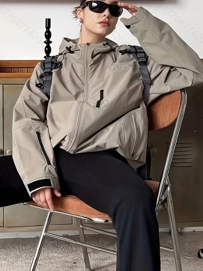 Women'S Windproof Full-Zip Hooded Jacket - Loose-Fit Long Sleeve Windproof Coat with Full-Zip Front Closure, All-Season Casual Outerwear for, Travel