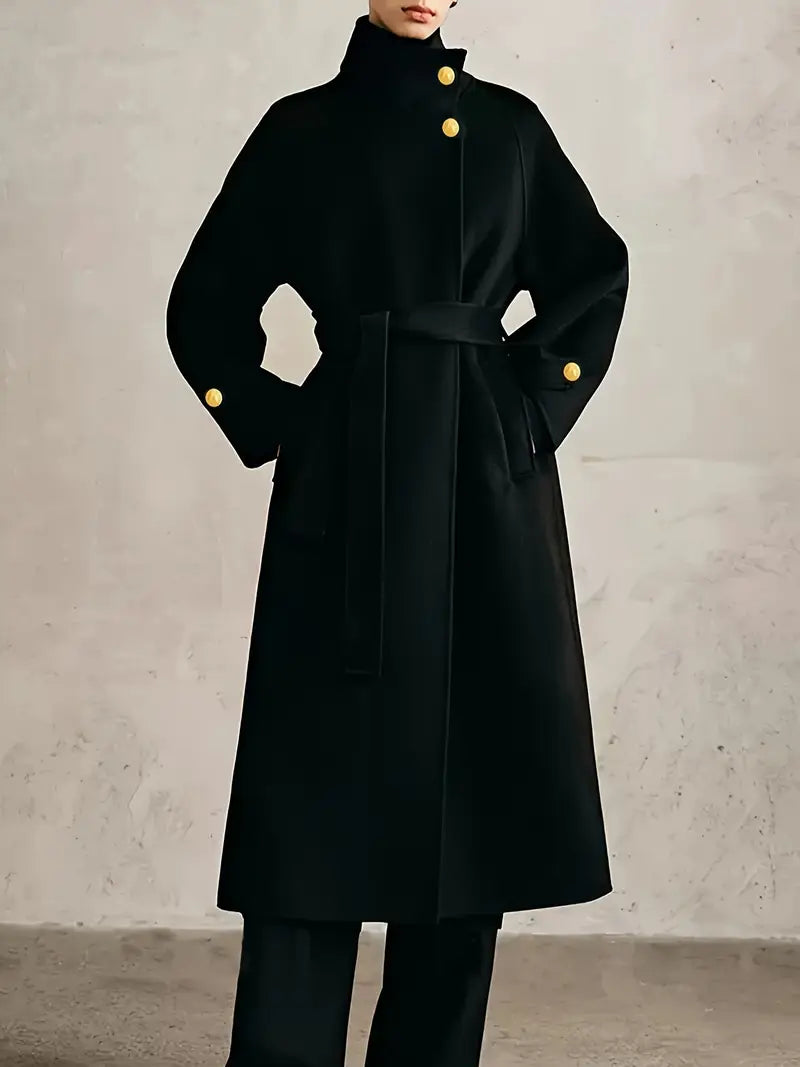 Ladies' Elegant Standing Collar Golden Button Mid Length Coat