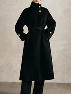 Ladies' Elegant Standing Collar Golden Button Mid Length Coat