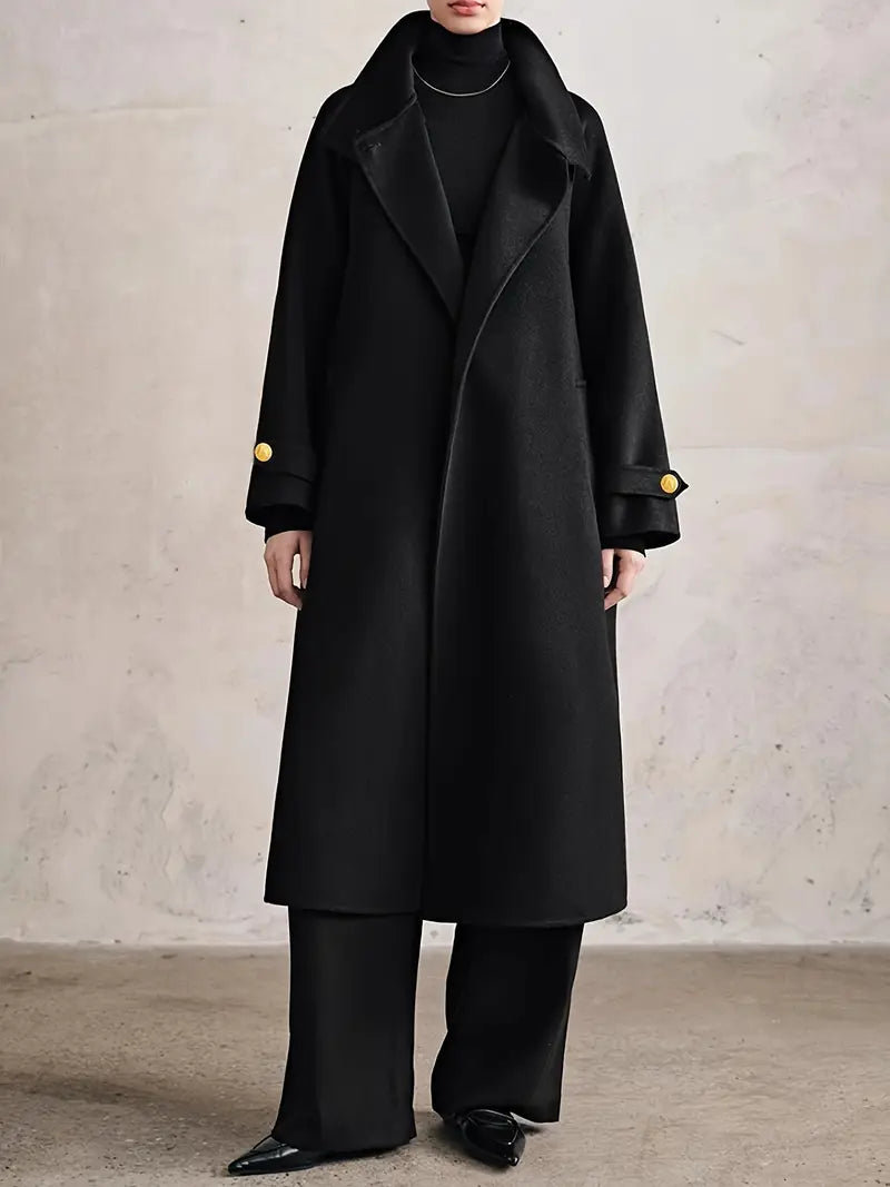 Ladies' Elegant Standing Collar Golden Button Mid Length Coat