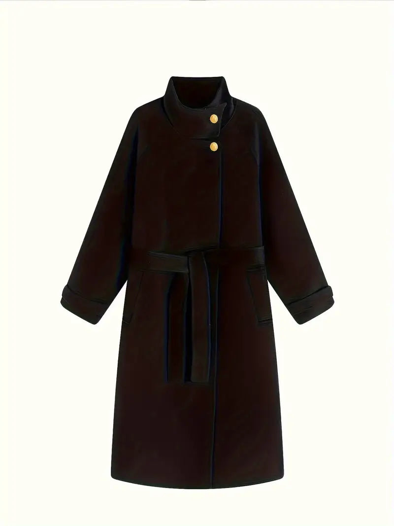 Ladies' Elegant Standing Collar Golden Button Mid Length Coat