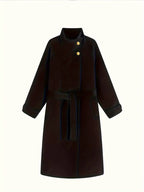 Ladies' Elegant Standing Collar Golden Button Mid Length Coat