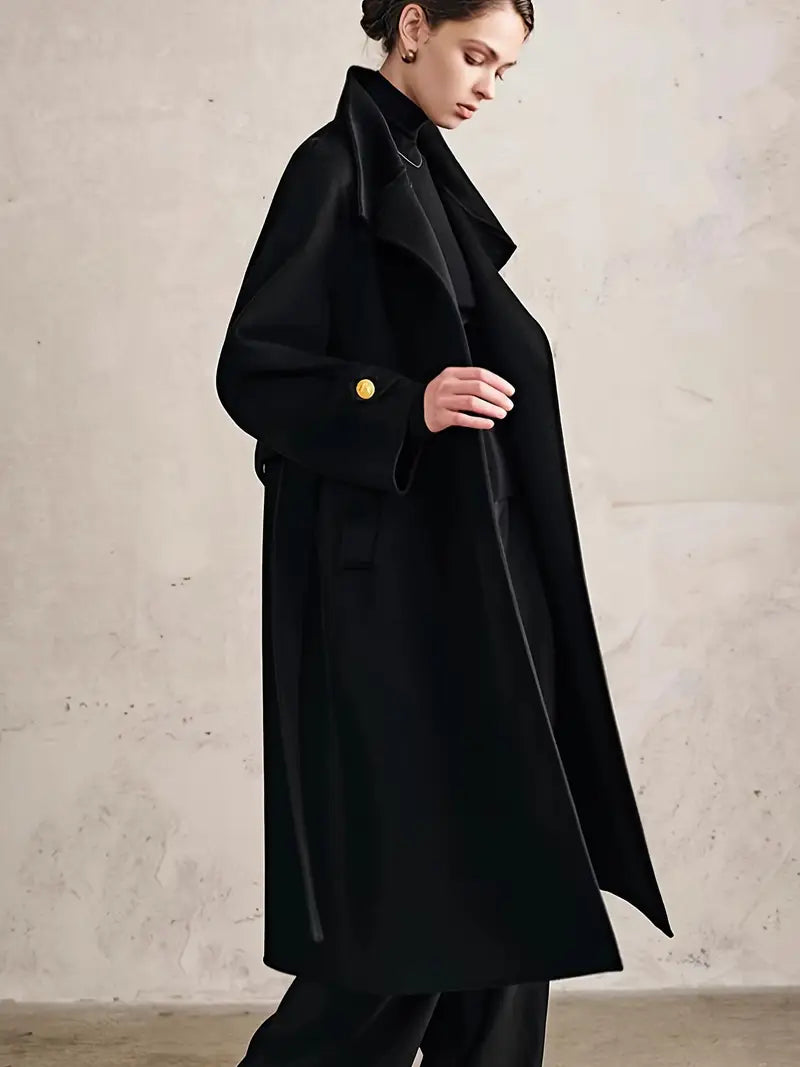 Ladies' Elegant Standing Collar Golden Button Mid Length Coat