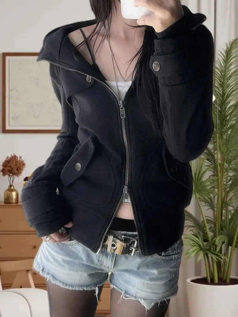 Lightweight Women's Y2K Zip-Up Jacket - Stretchy High Elasticity Casual Streetwear with Button-Up Front & Pockets, Long Sleeve Hooded Winter Coat for Fall/Winter, Solid Color