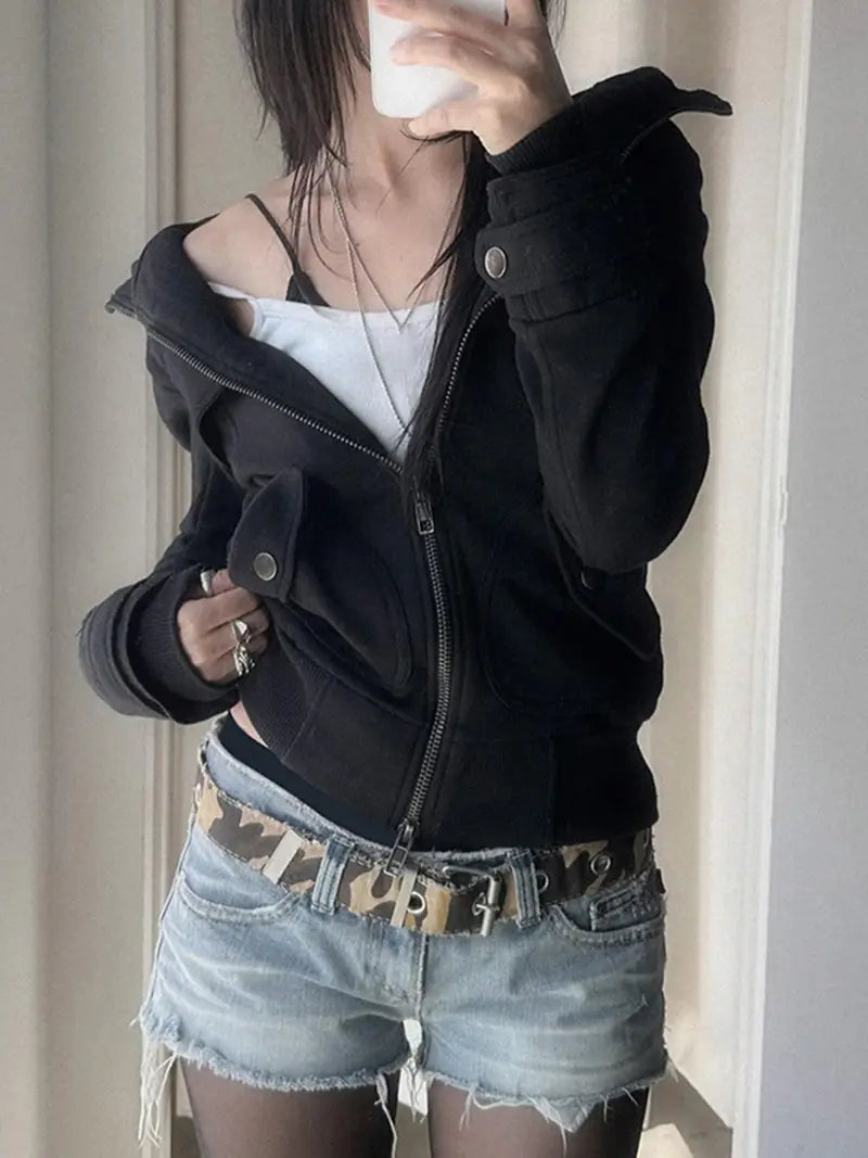 Lightweight Women's Y2K Zip-Up Jacket - Stretchy High Elasticity Casual Streetwear with Button-Up Front & Pockets, Long Sleeve Hooded Winter Coat for Fall/Winter, Solid Color