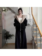 Men'S & Women'S Elegant Fur Collar Quilted Jacket with Cat Ear & Eagle Motif - Thickened Winter Coat, Loose Fit Long Sleeve Coat with Belt, Plush Lining for Cold Weather, Unisex Outerwear for Autumn & Winter