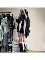 Men'S & Women'S Elegant Fur Collar Quilted Jacket with Cat Ear & Eagle Motif - Thickened Winter Coat, Loose Fit Long Sleeve Coat with Belt, Plush Lining for Cold Weather, Unisex Outerwear for Autumn & Winter