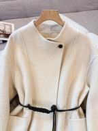 Women's Elegant Beige Winter Coat - Formal & Everyday Outerwear with Waist Belt, Structured Cold-Weather Jacket for Office, Parties, Everyday Outfits