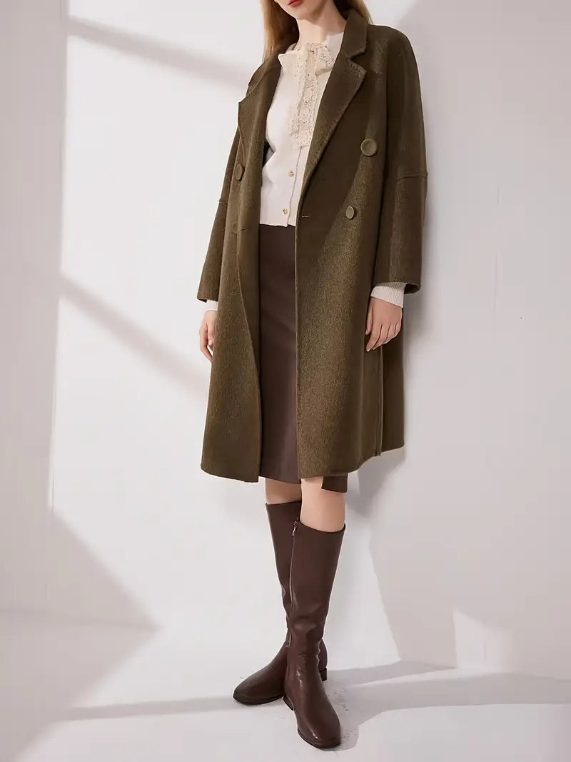 Women'S Elegant Brown Coat Jacket - Long Sleeve, Button-Up Front, Flap Pockets, Double-Breasted Design, Winter Style, Machine Washable, Winter Outerwear | Classic Long Sleeve | Structured Fit, Winter Clothes