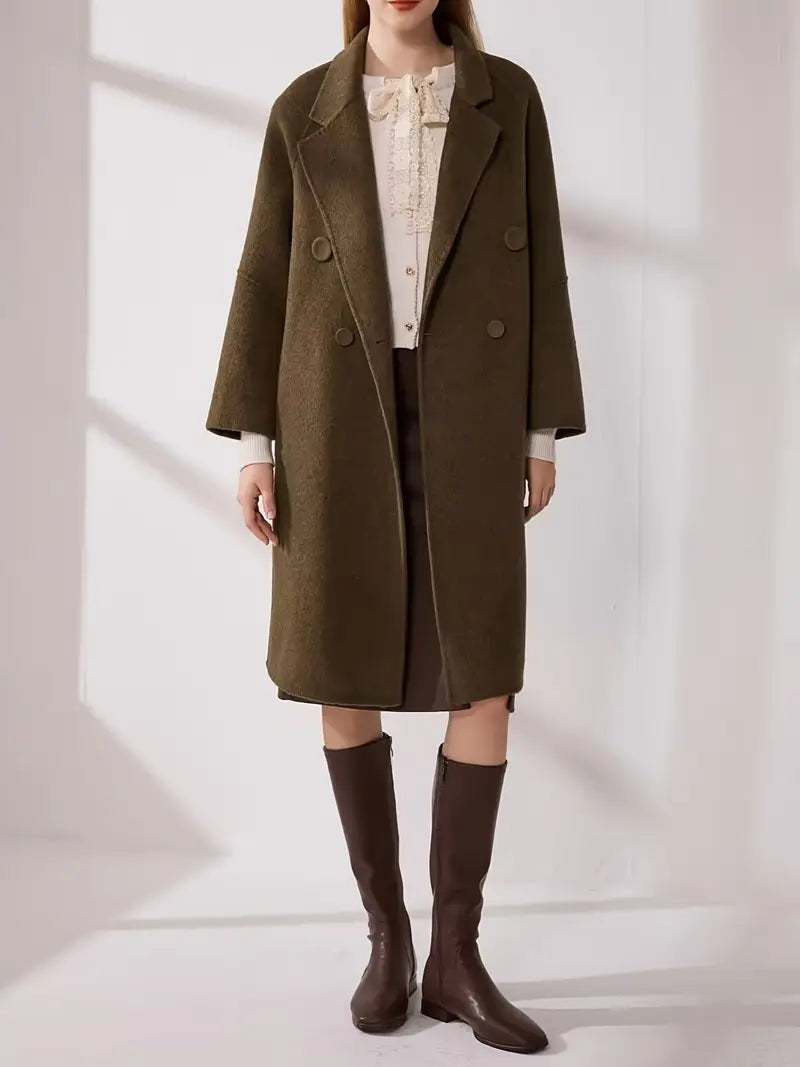 Women'S Elegant Brown Coat Jacket - Long Sleeve, Button-Up Front, Flap Pockets, Double-Breasted Design, Winter Style, Machine Washable, Winter Outerwear | Classic Long Sleeve | Structured Fit, Winter Clothes