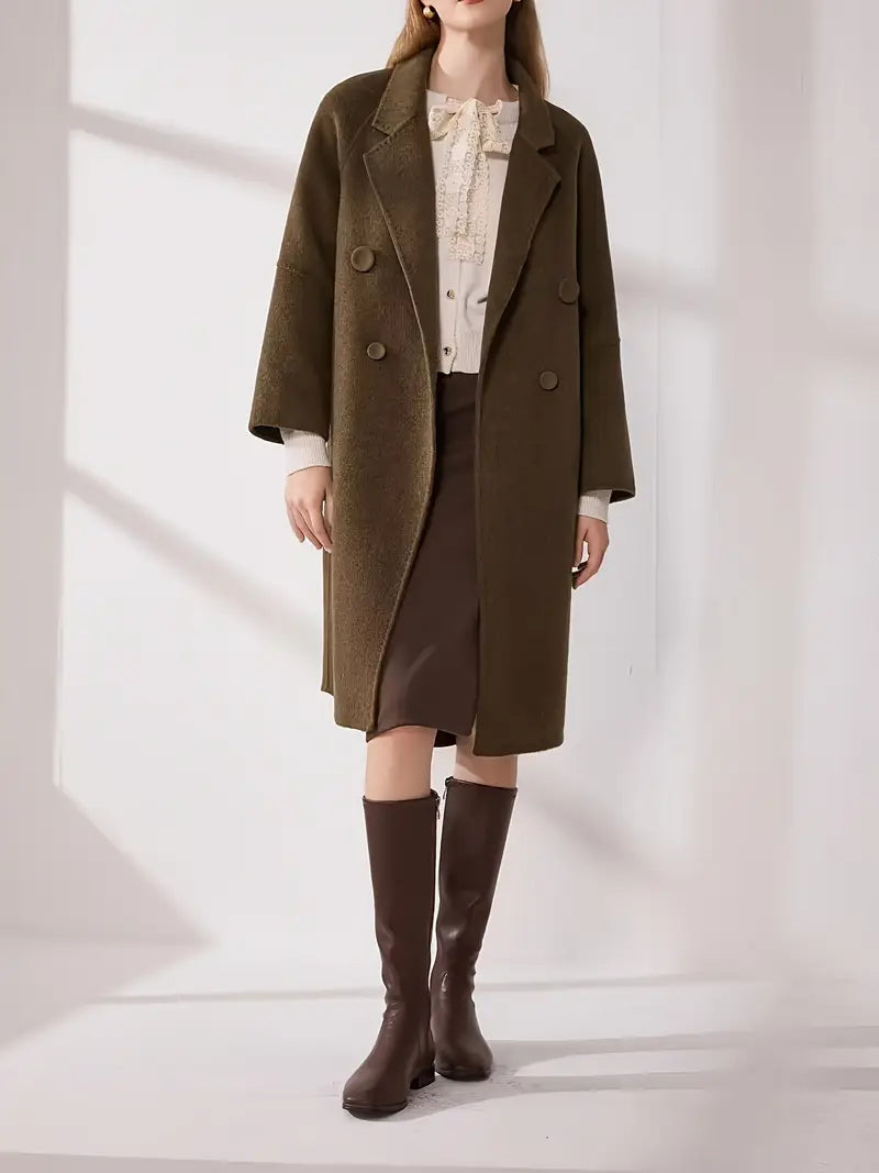 Women'S Elegant Brown Coat Jacket - Long Sleeve, Button-Up Front, Flap Pockets, Double-Breasted Design, Winter Style, Machine Washable, Winter Outerwear | Classic Long Sleeve | Structured Fit, Winter Clothes