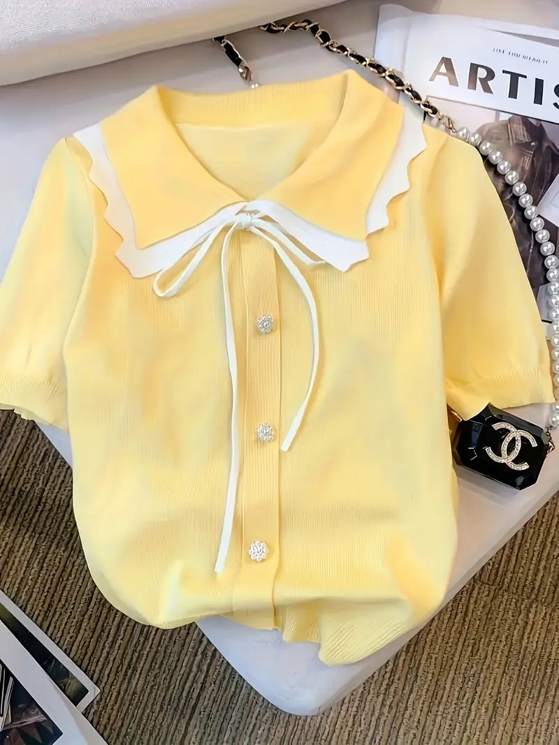 Women's Casual Top - Ice Sliky Fiber Fabric Blouse, Machine Washable Everyday Shirt for Women, Chic Office & Party Outfits, Summer Fashion, Ruffled Collar, Smooth Texture, Stylish Blouse