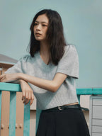 Women's Light Blue V-Neck Short Sleeve Casual Top - Breathable Summer Shirt, Machine Washable Regular Fit Pullover for Casual Attire