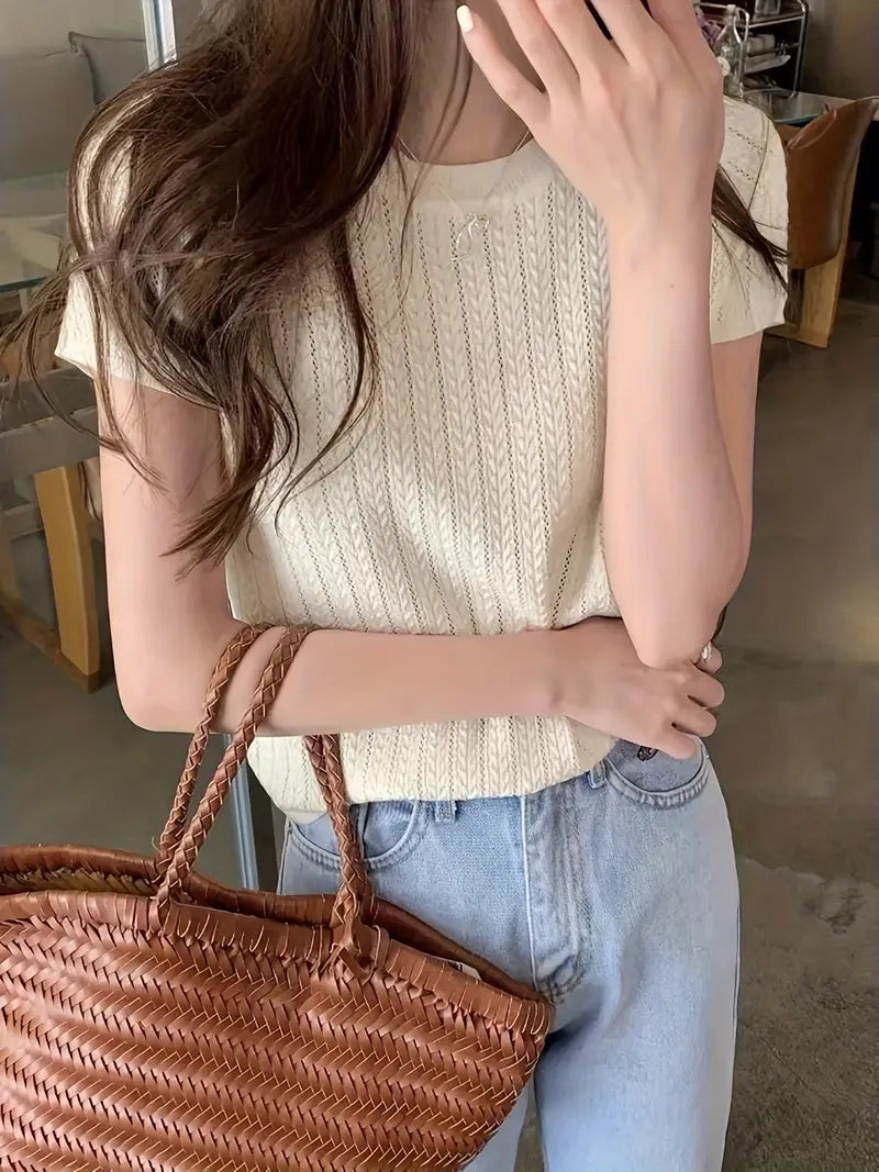 2025 Korean Spring and Summer Twist Hollow Anti-Pilling Ice Slippy Fiber Fabric Elegant Fashionable Premium Slim Fit Round Neck Short Sleeve Women's T-Shirt Knitwear