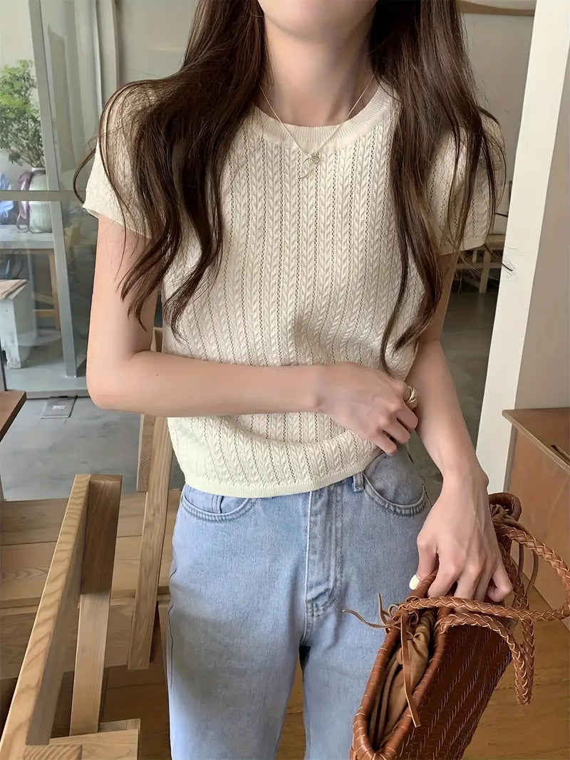 2025 Korean Spring and Summer Twist Hollow Anti-Pilling Ice Slippy Fiber Fabric Elegant Fashionable Premium Slim Fit Round Neck Short Sleeve Women's T-Shirt Knitwear