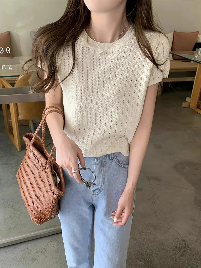 2025 Korean Spring and Summer Twist Hollow Anti-Pilling Ice Slippy Fiber Fabric Elegant Fashionable Premium Slim Fit Round Neck Short Sleeve Women's T-Shirt Knitwear